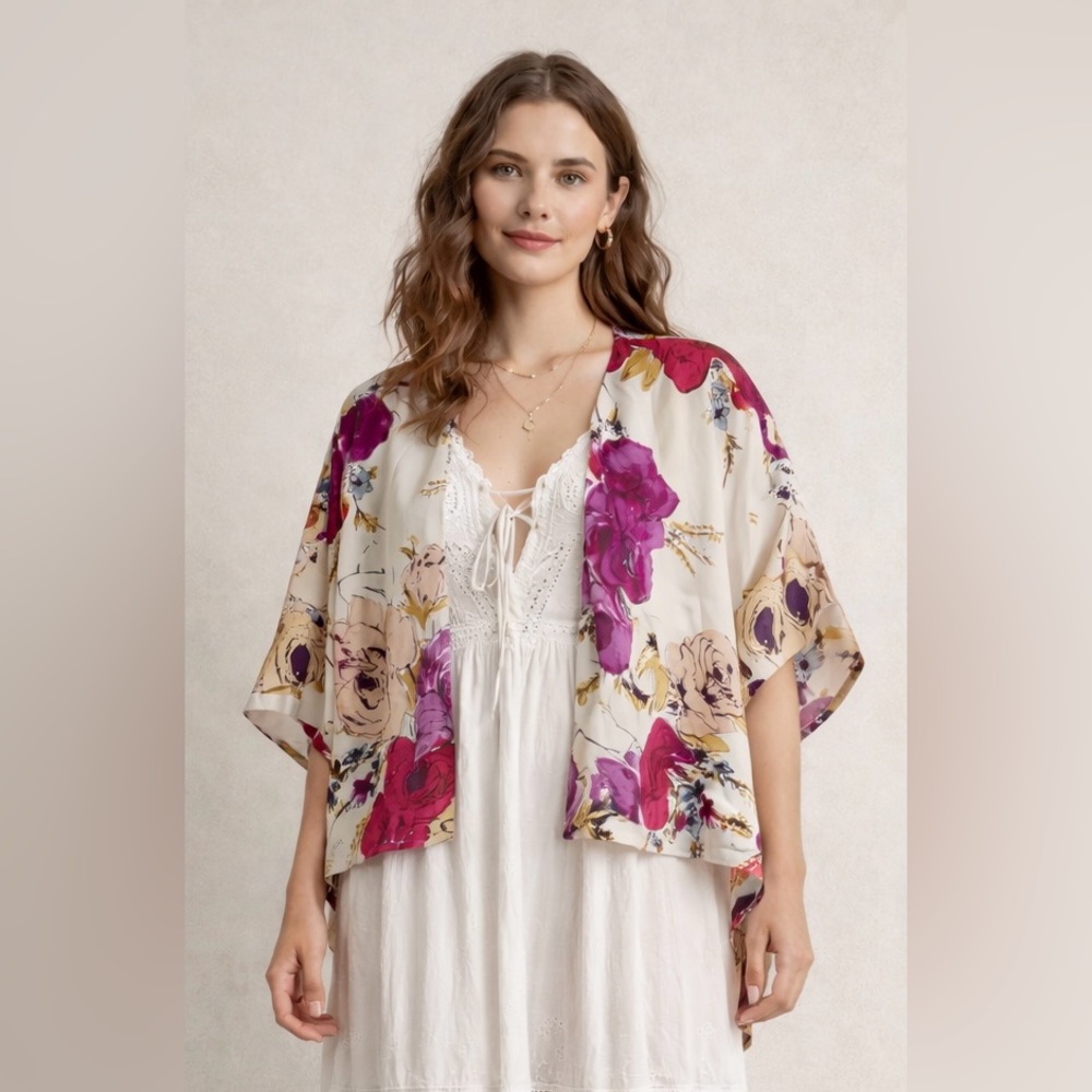 Odille (Anthro) Silk Floral Kimono Duster Cardigan XS Oversized Boho